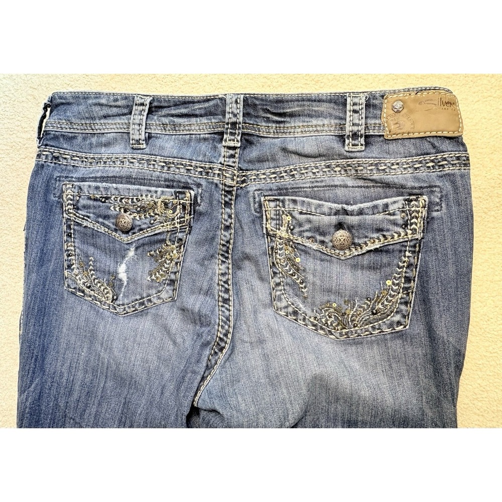 Silver Suki Flap Baby Boot Jeans Womens 16x33 Distressed Metal Jeans